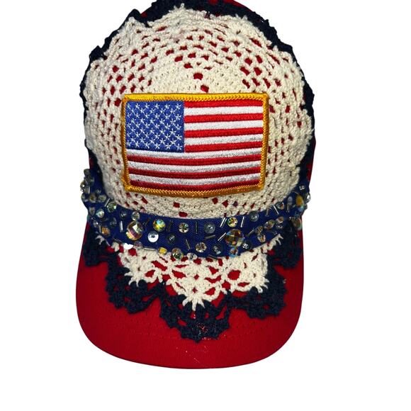 OOAK Patriotic American Flag Upcycled Baseball Cap – Handmade main image 4